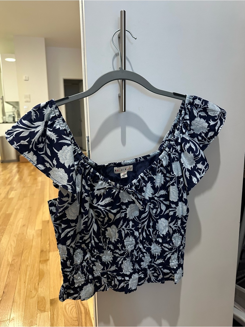 Roller Rabbit Navy and White Floral Off-Shoulder Top